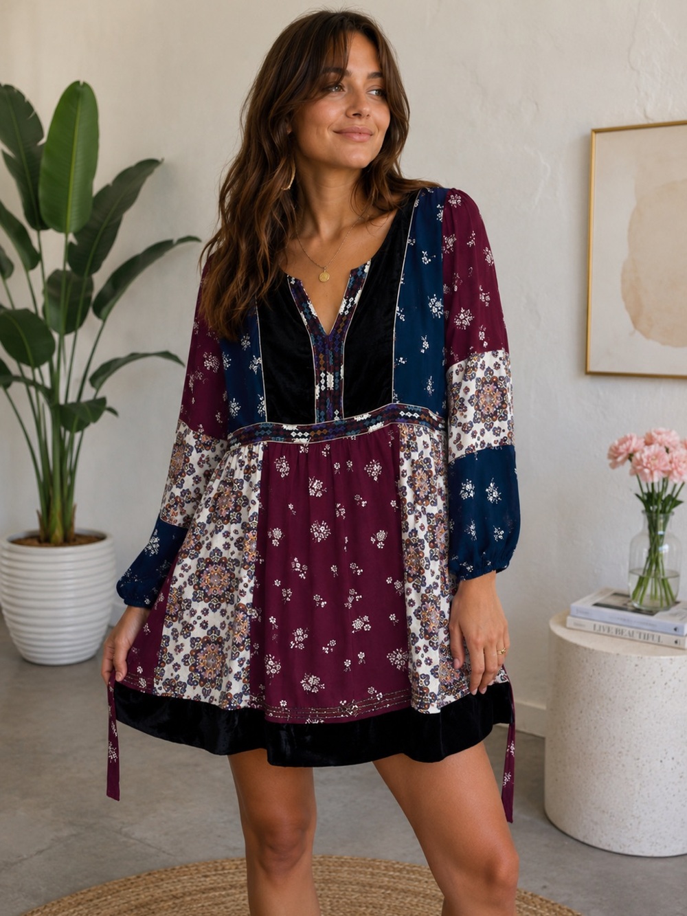 Anthropologie Maeve Quartier Latin Dress Small Boho w/Velvet and embellished